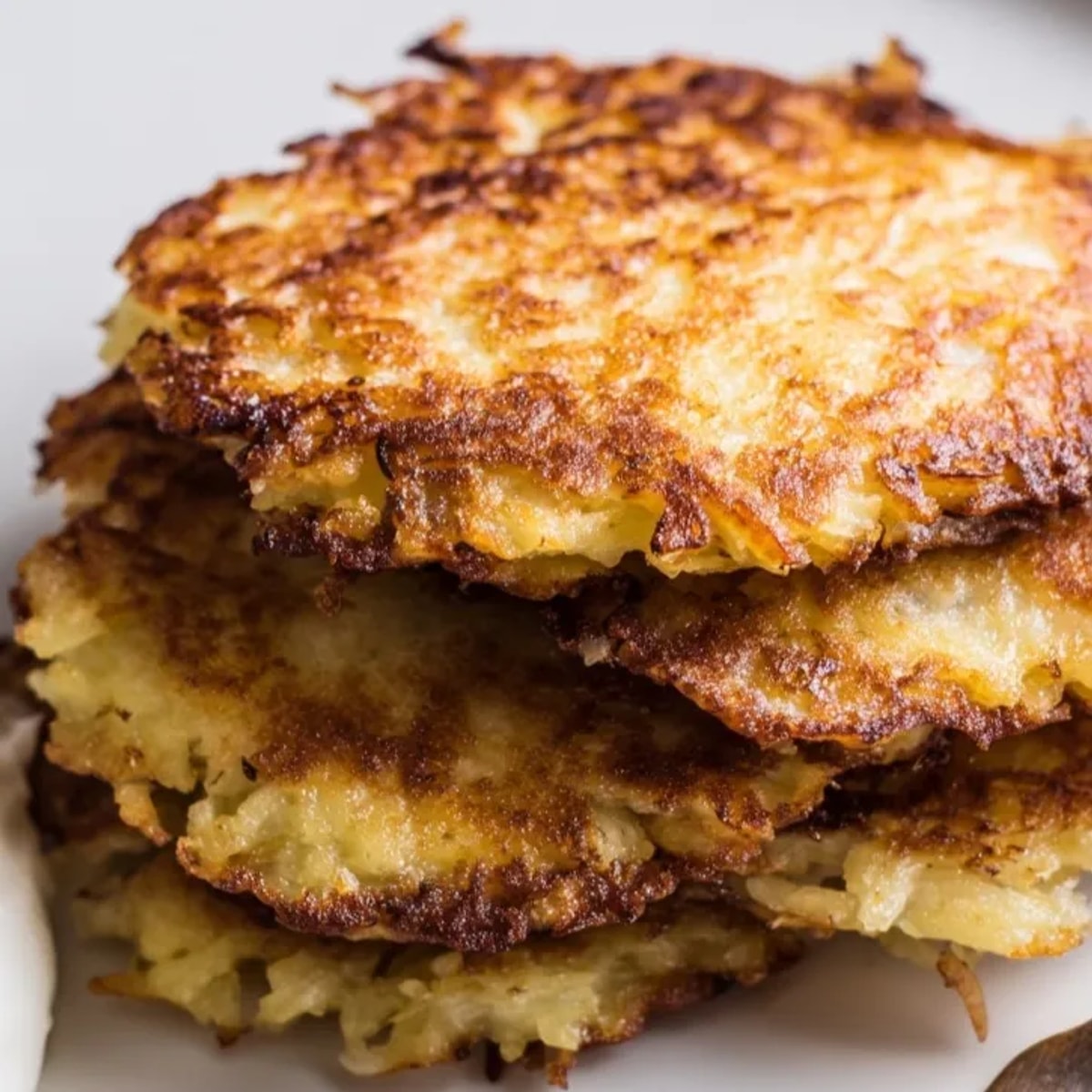 Knusprige, goldbraune deutsche Kartoffelpuffer dampfen heiß in einer Pfanne, bereit zum Servieren.