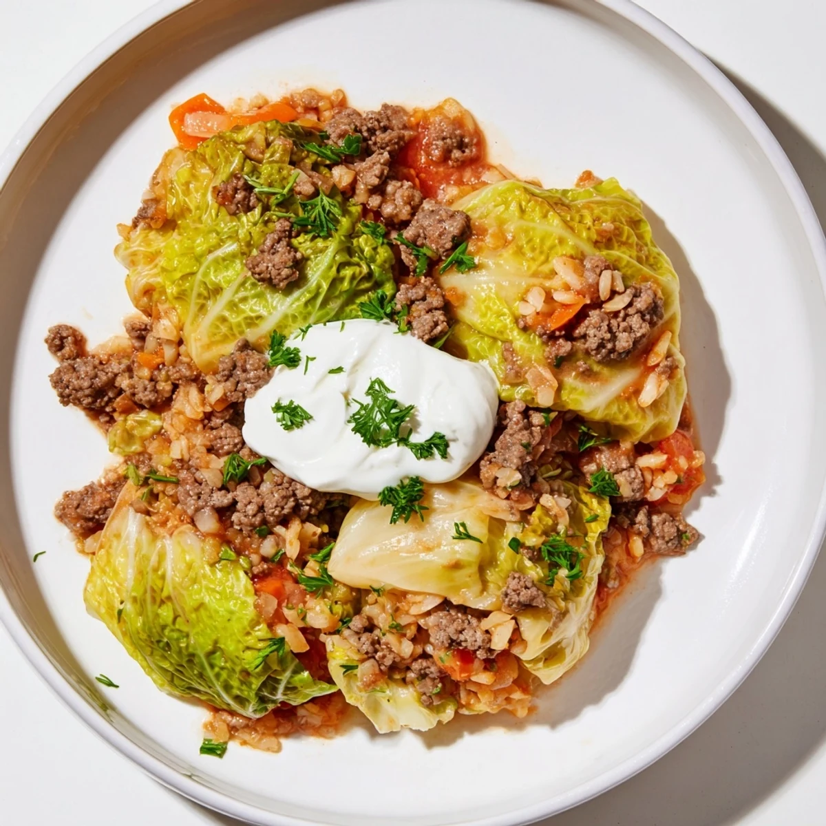 Schnelles, beruhigendes Gericht: ungefüllte Kohlwickel mit cremigem Sauerrahm obendrauf.