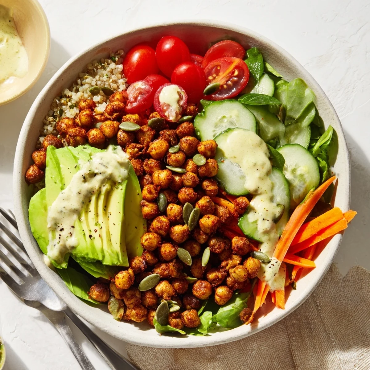 Entzückende Kichererbsen- und Avocado-Power-Bowl mit cremiger Avocado, Gemüse und Nüssen.