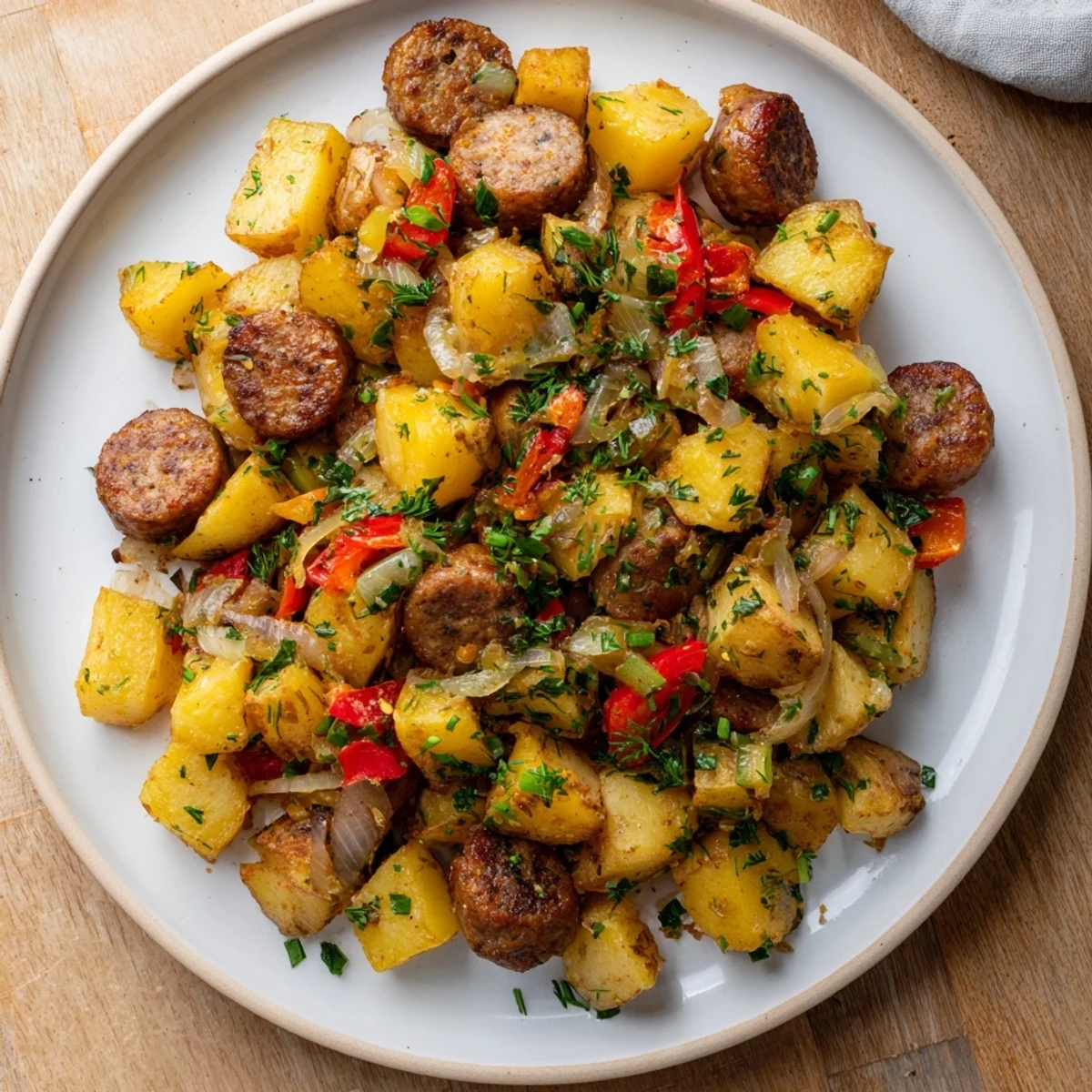 Hearty Breakfast Bratwurst Hash with golden potatoes and fresh herbs, a flavorful skillet meal.
