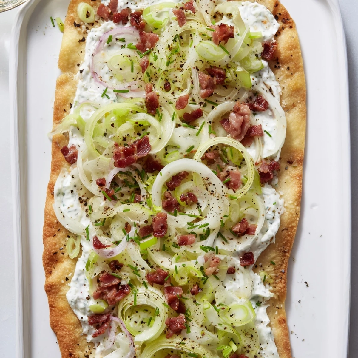 Crispy Sheet-Pan Flammkuchen with bacon and leeks, a savory flatbread, ready to share.