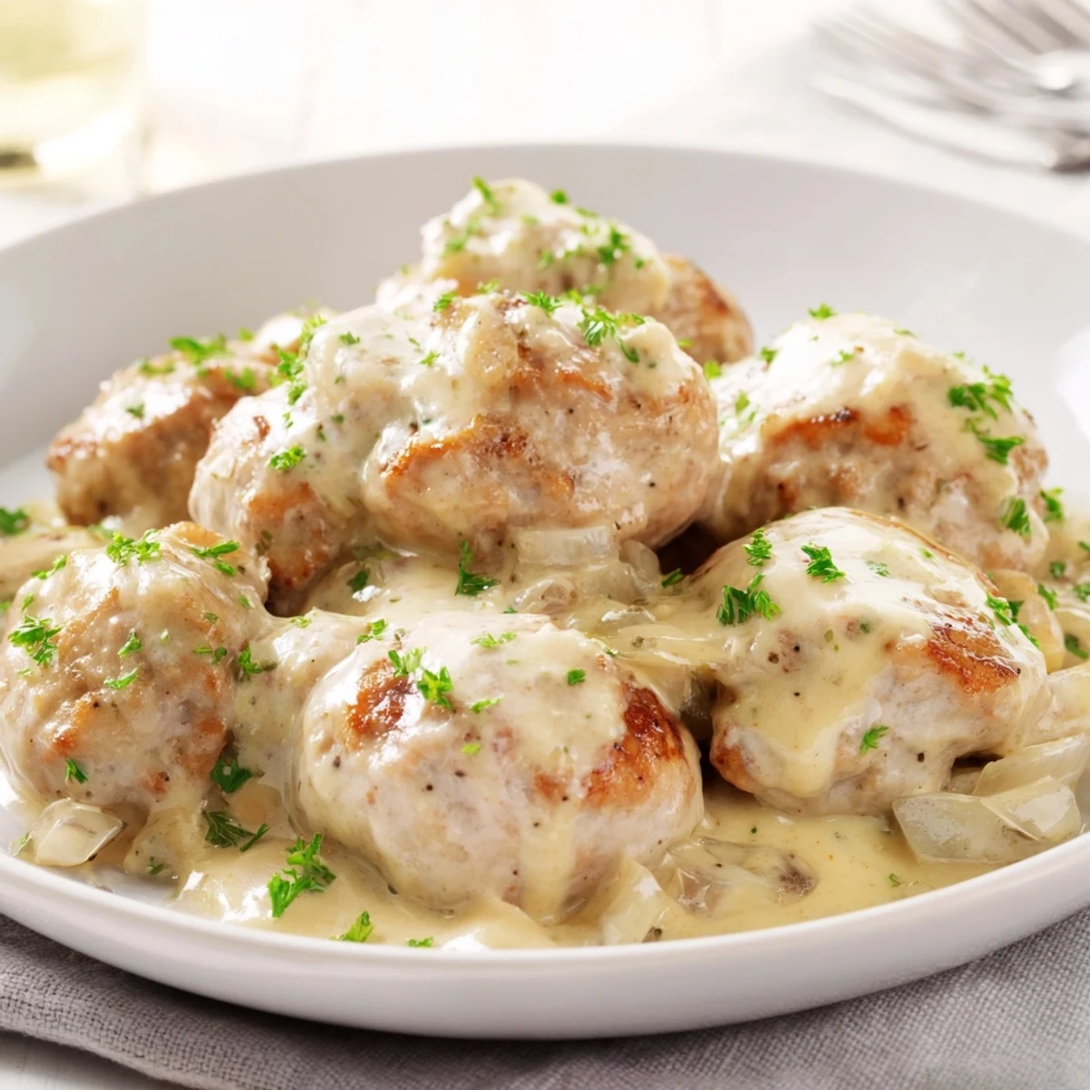 Golden brown Oven-Baked German Meatballs swimming in creamy, luscious, quick mustard sauce; perfect dinner!