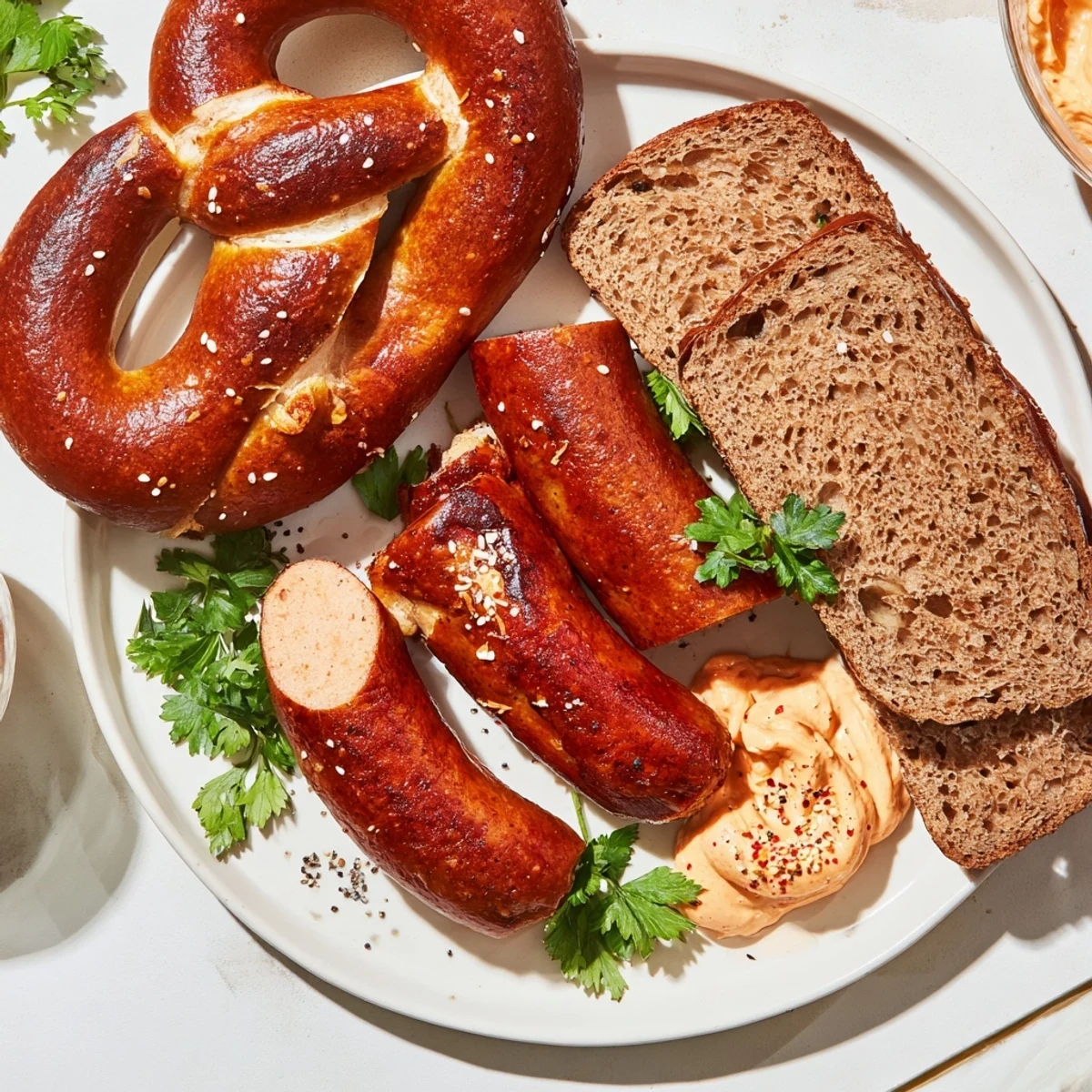 Brightly colored Vegan German Sausage Board: plant-based sausages, pretzels, and spicy sriracha mayo.