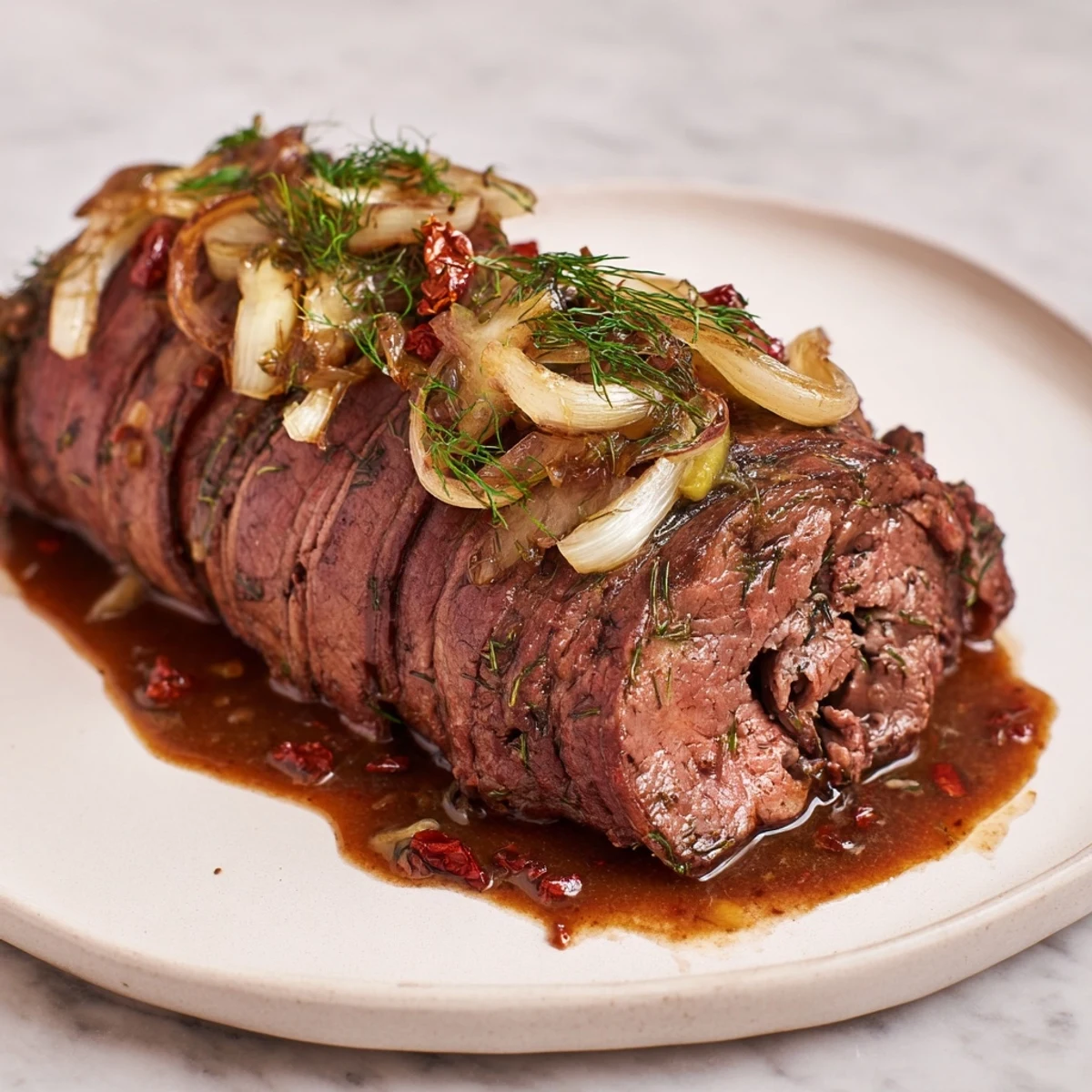 Savory Braised Beef Roulades, showcasing juicy meat, are ready for a satisfying dinner.