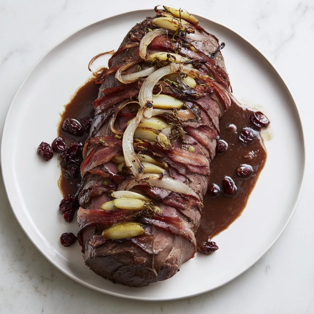 Close-up of hearty Braised Beef Roulades, with a glistening goji berry gravy, a German favorite.