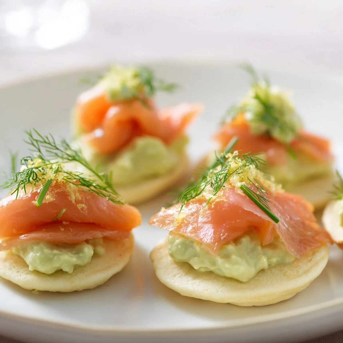 Delicious quark blinis, smoked salmon, and avocado cream, perfect for sharing as appetizers.