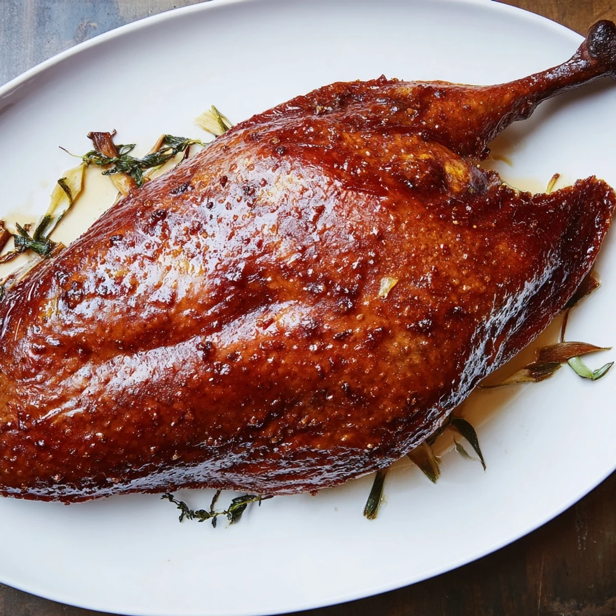 A close-up of a beautifully roasted festive roast goose, glistening with a flavorful spice rub.