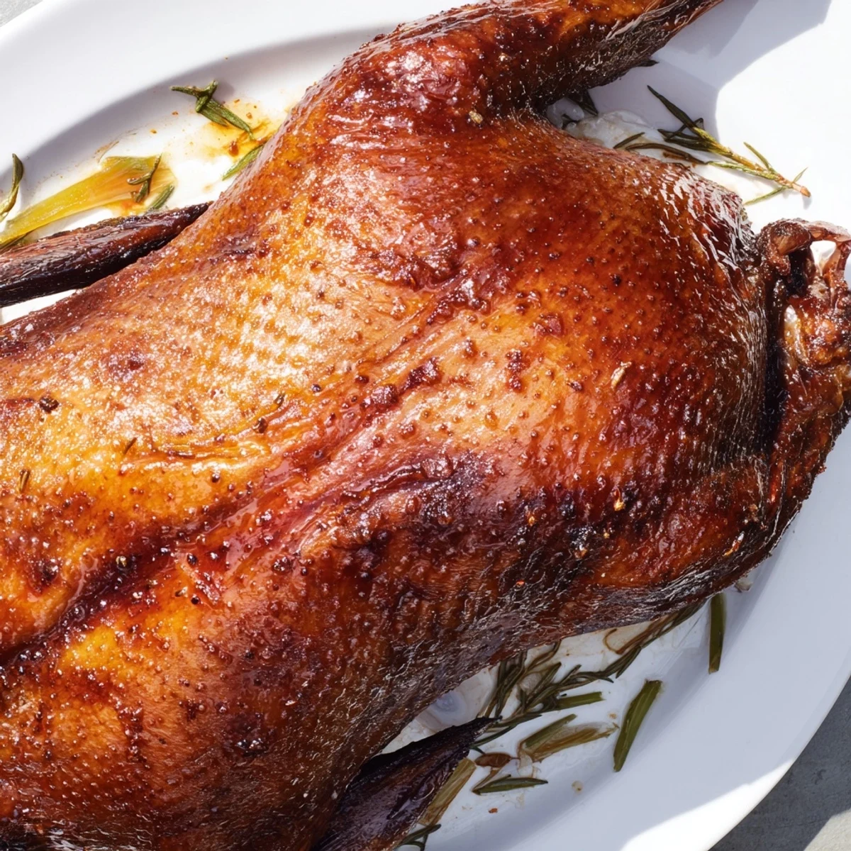 Juicy, golden-brown festive roast goose with Asian five-spice, ready for carving and serving.