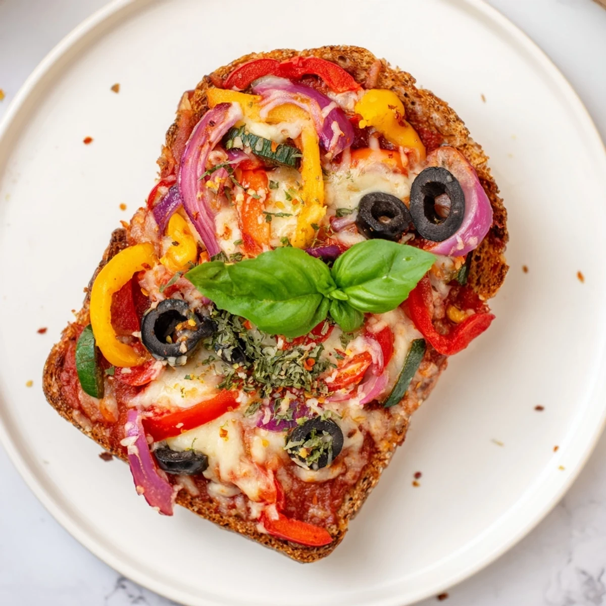 Close-up of a finished Marble Rye Pizza Toast: crispy bread holds gooey cheese and vibrant toppings.