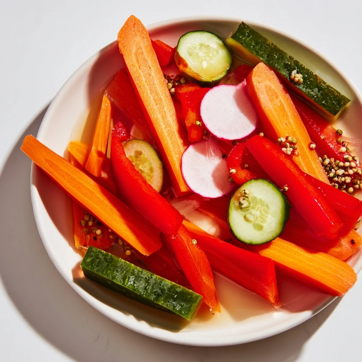 Crisp Quick Pickled Veggie Sticks, a colorful assortment, submerged in a pickling brine, ready to be enjoyed.