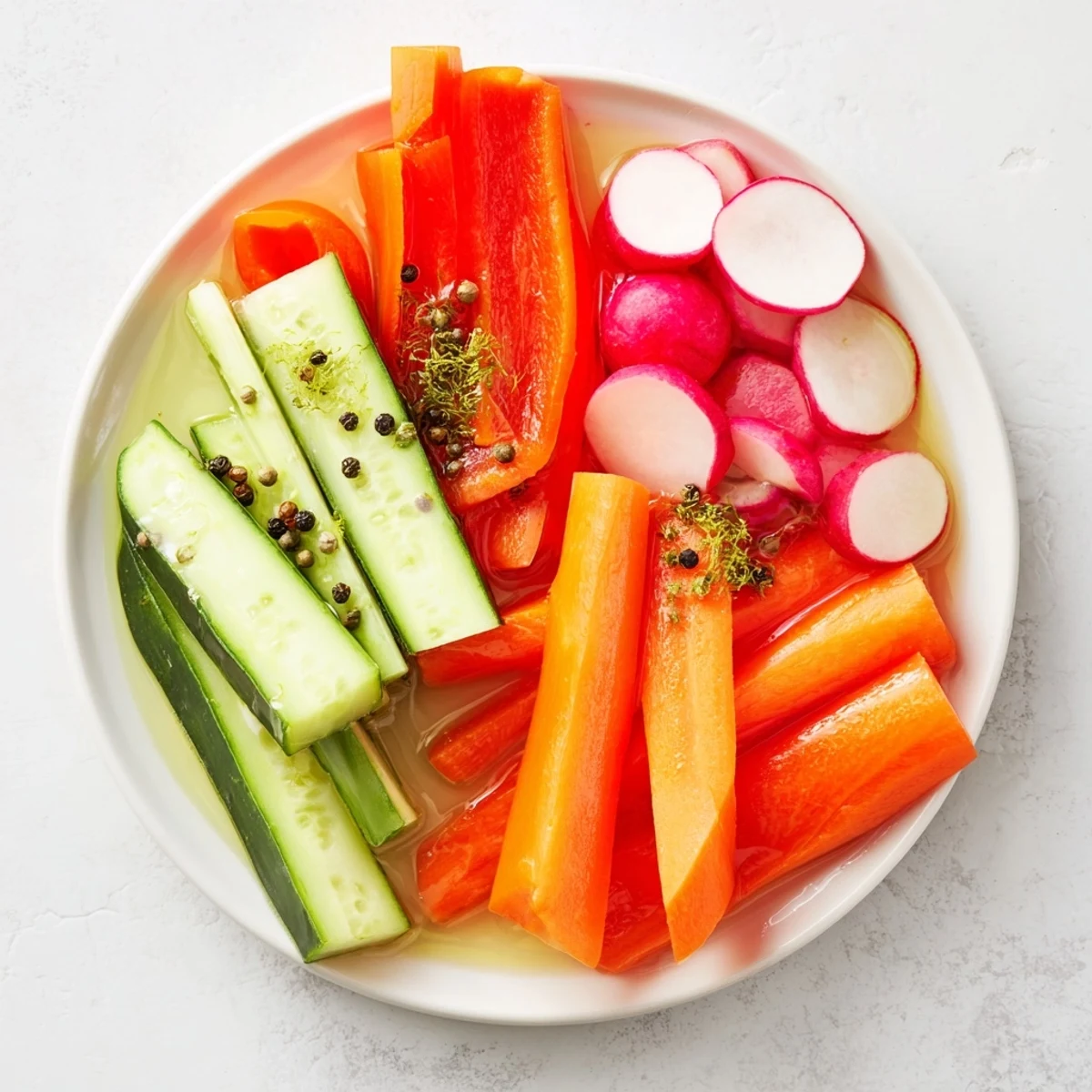 Freshly prepared Quick Pickled Veggie Sticks, crunchy and flavorful, perfect addition to salads or as a side.