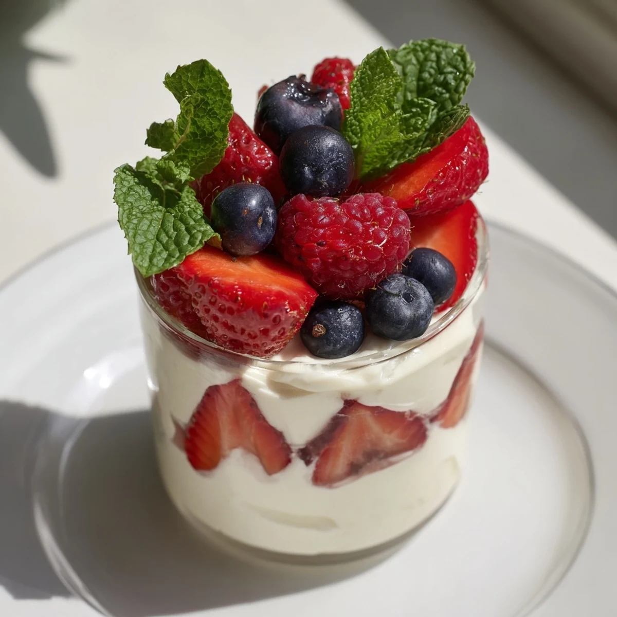 Elegant Berry Bavarian Yogurt Cups, showing refreshing layers, perfect for a summer dessert.