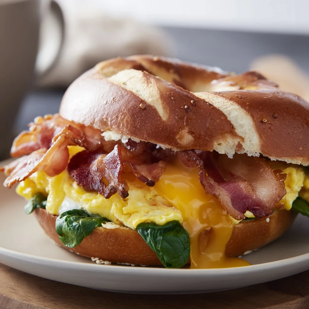 Close-up of a delicious pretzel bagel breakfast sandwich with layers of filling, ready to enjoy.