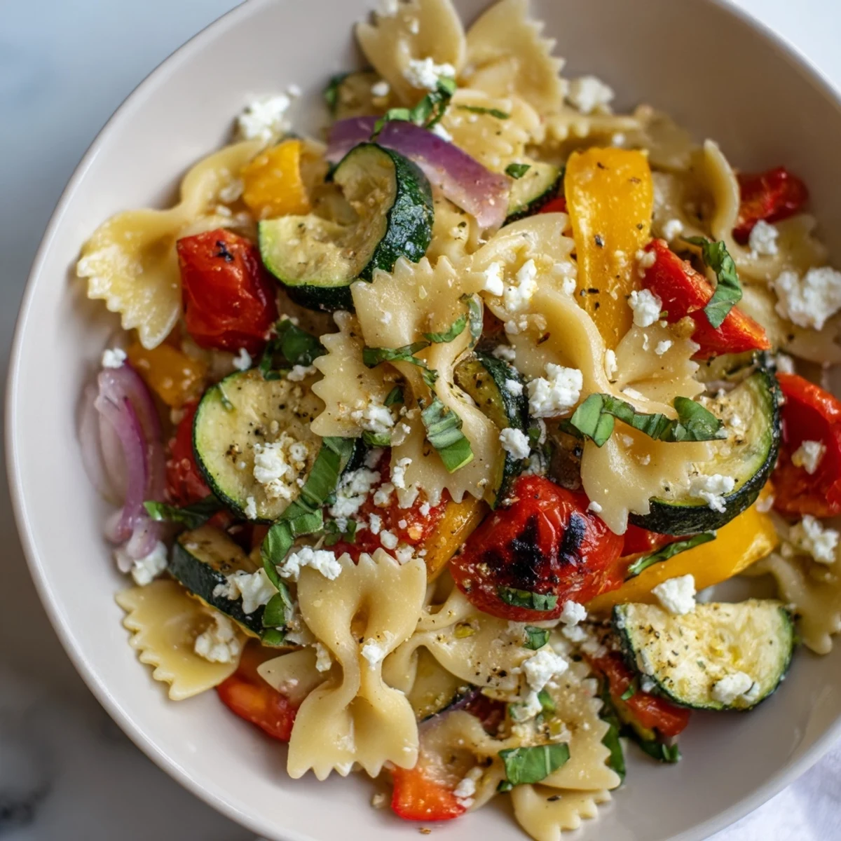 A large platter of Festive Bow Tie Pasta, bursting with colorful roasted vegetables.