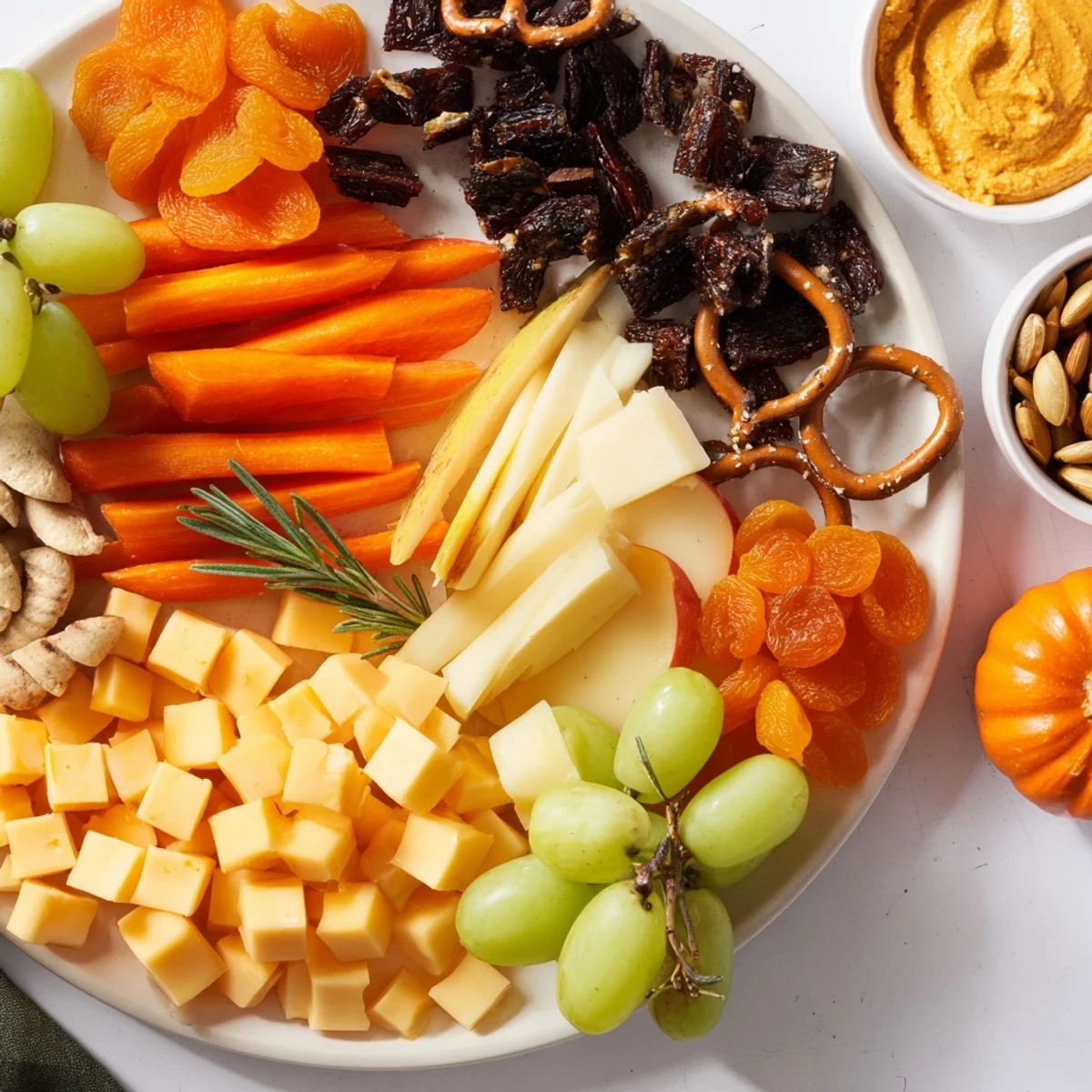Festive Pumpkin Patch Snack Board: Close-up view of a colorful assortment of cheeses, fruits, and crackers.