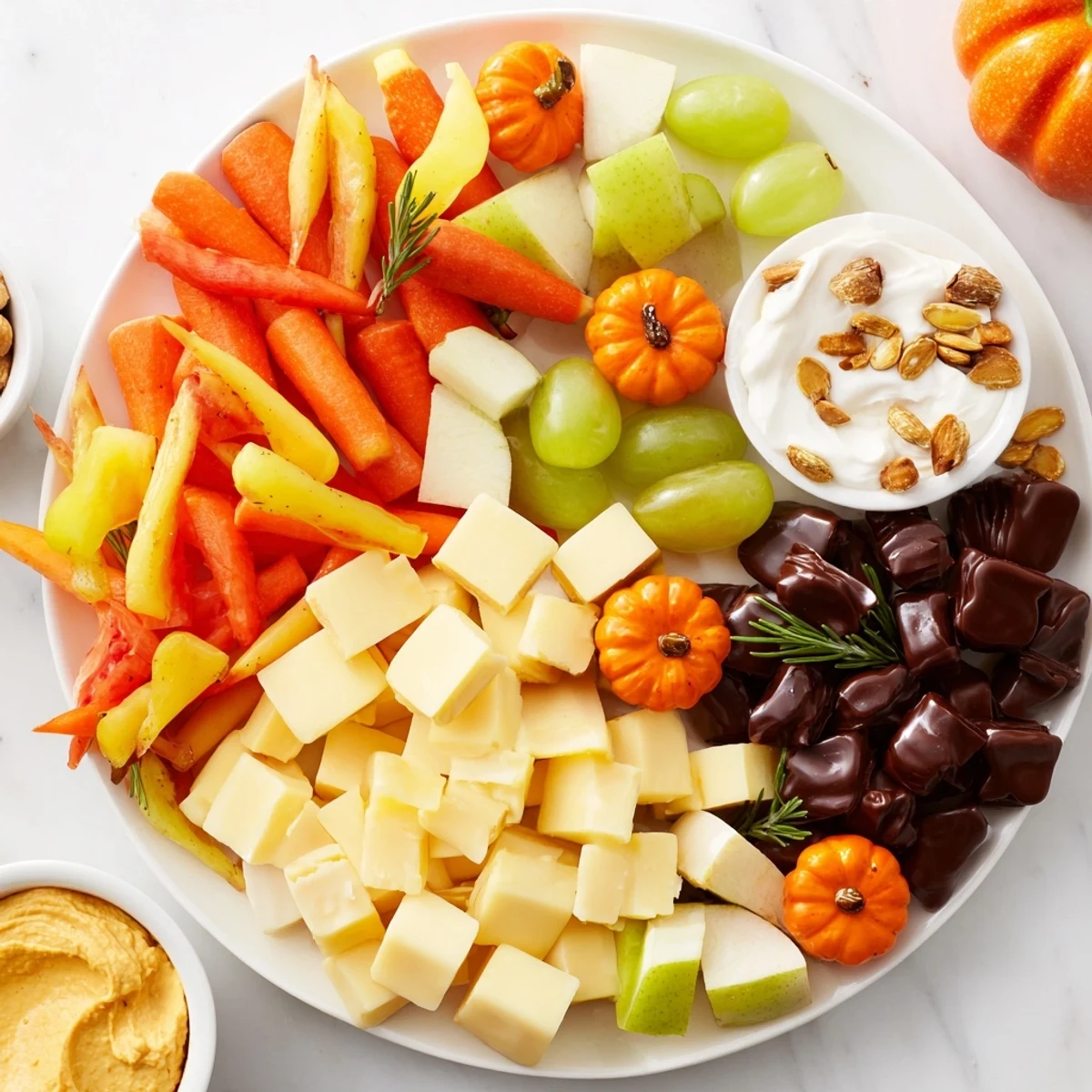 Delicious Pumpkin Patch Snack Board: Featuring cheddar, brie, and gouda with fruits and yummy pretzel sticks.