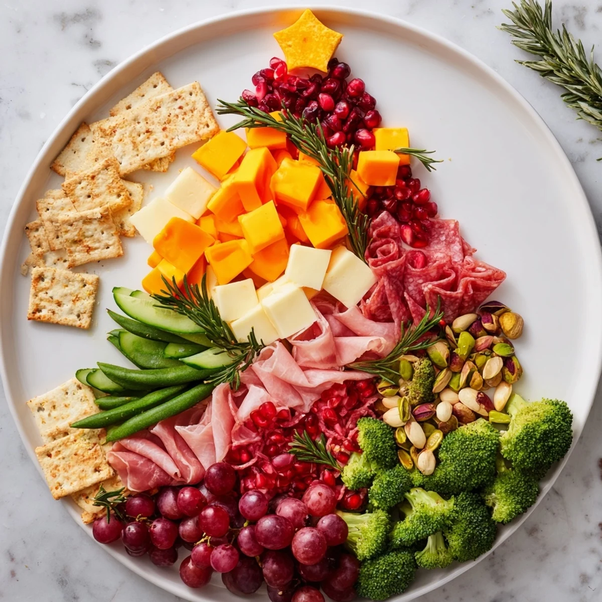 Festive evergreen tree snack board overflowing with colorful cheeses, meats, fresh fruits and nuts.