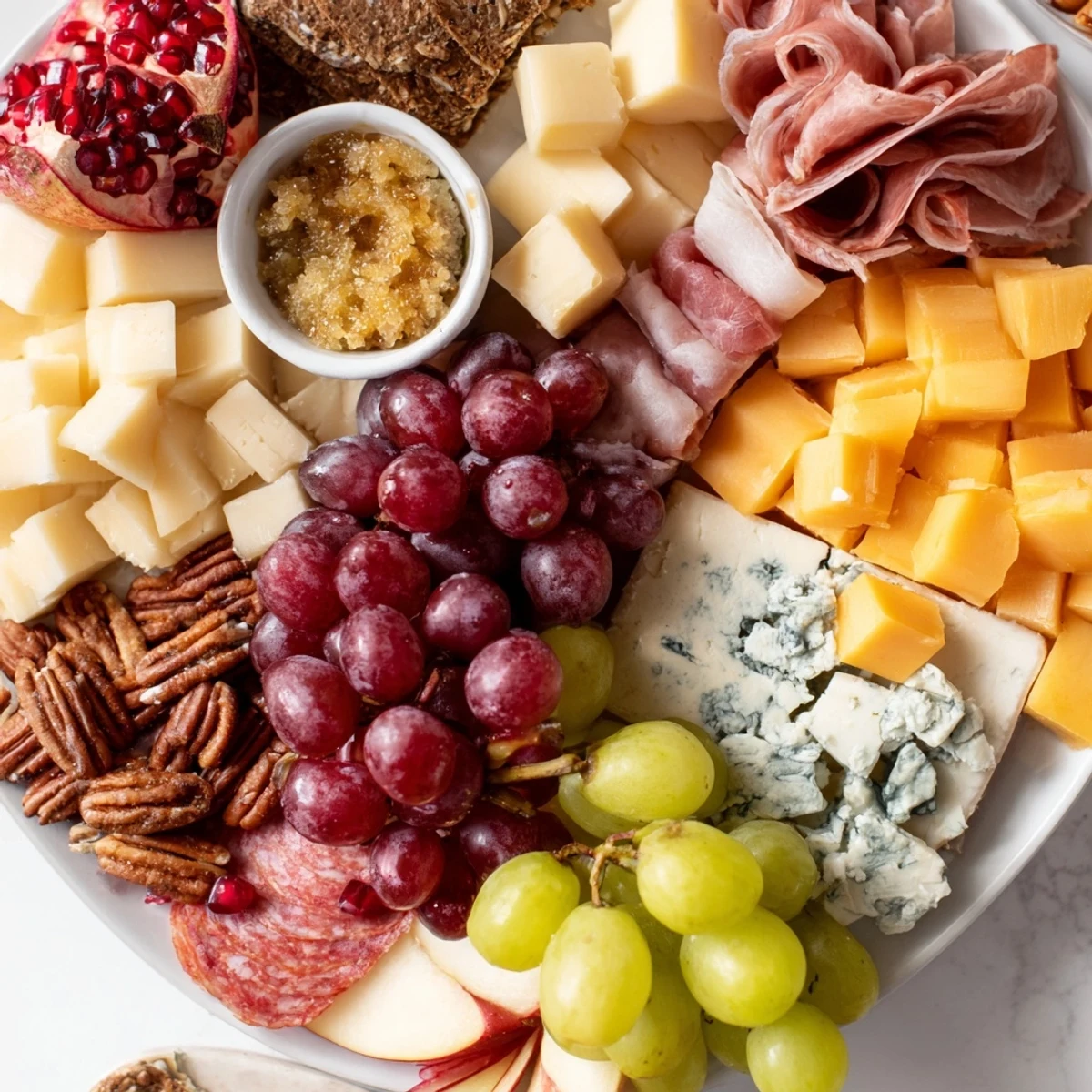A beautifully arranged Sleigh Ride Charcuterie board with cheese, meats, and festive garnishes.