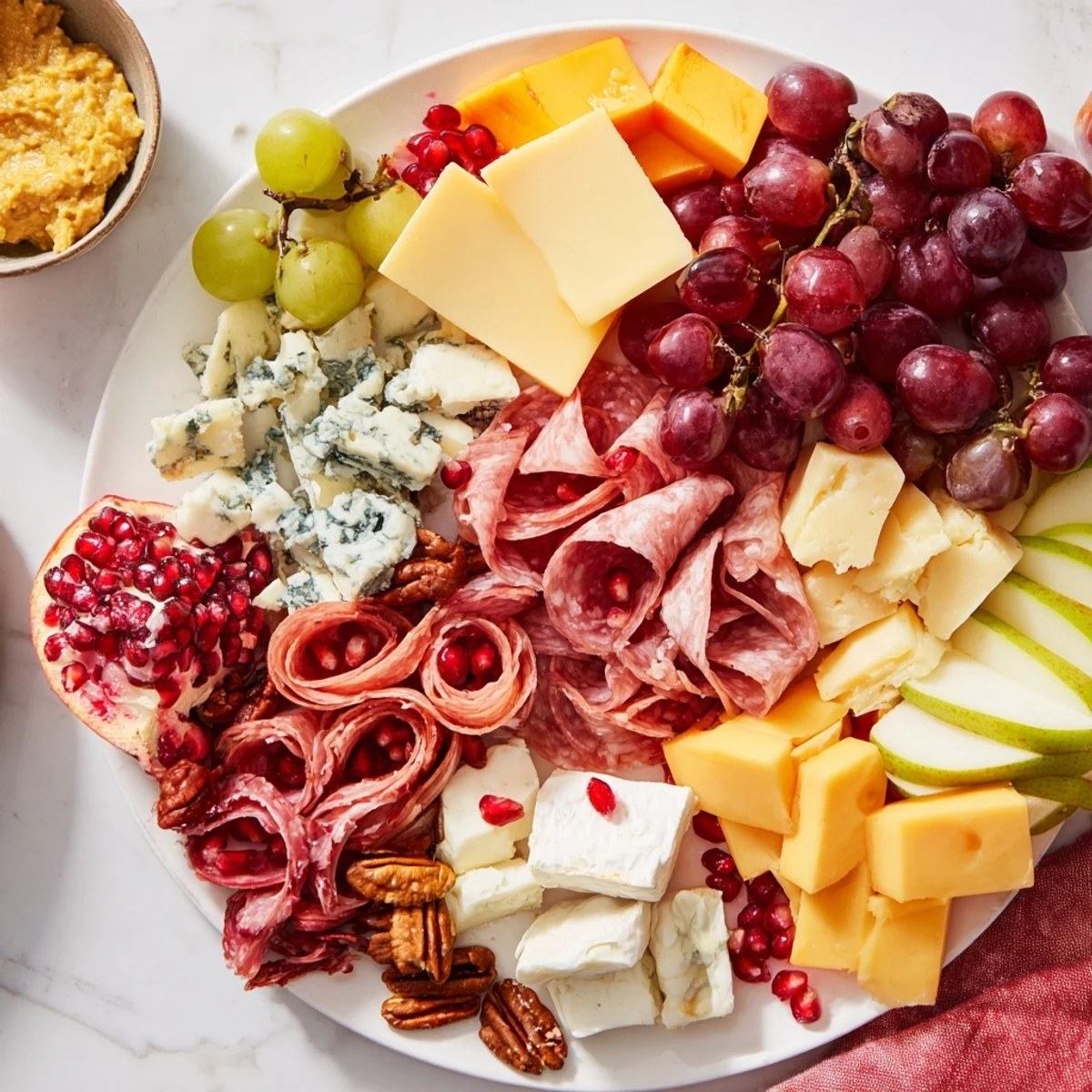 This Sleigh Ride Charcuterie features an array of cheeses, cured meats, and fresh fruits for serving.