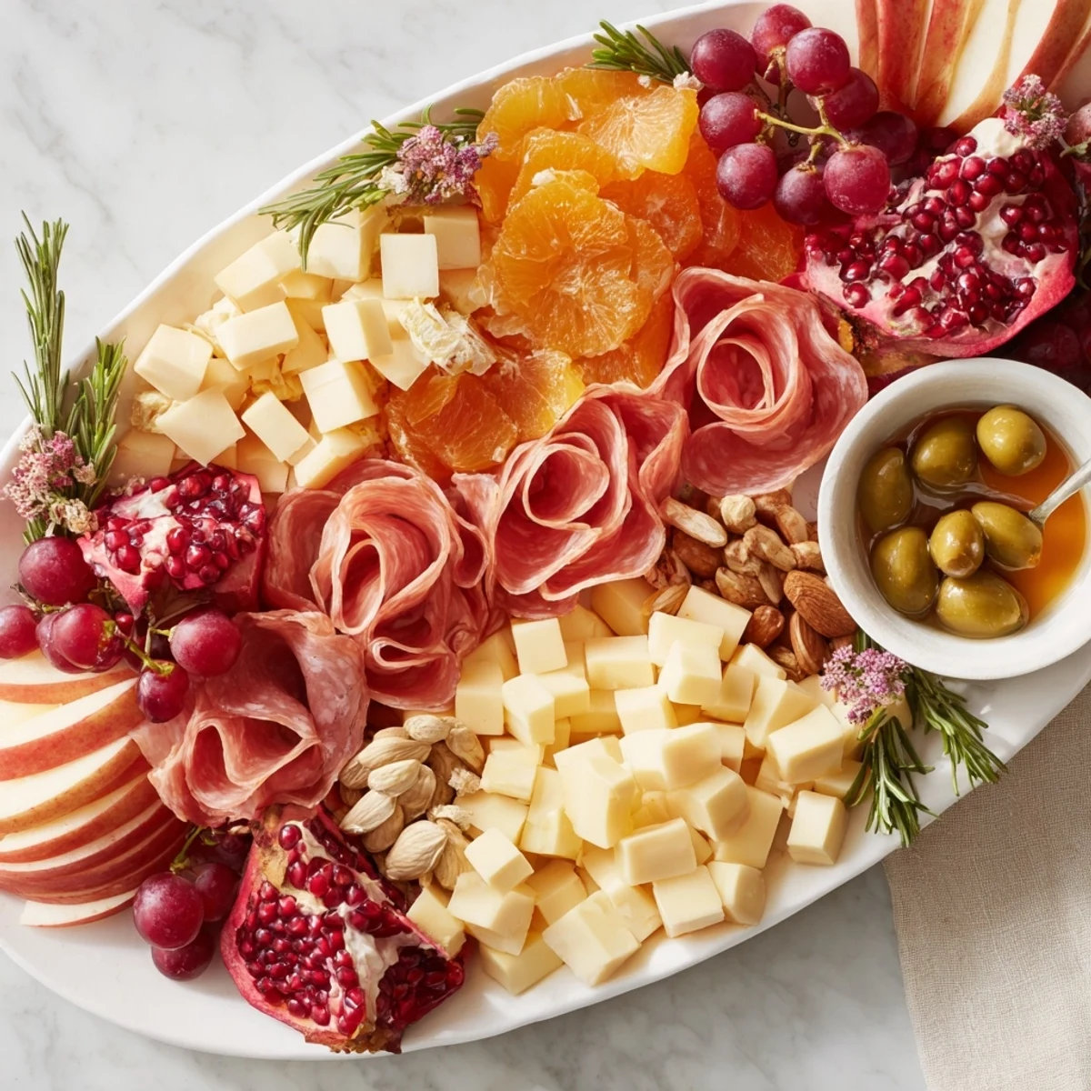 A colorful Holiday Bow Appetizer Platter arranged with cheeses, meats, fruits, and crackers perfect for a party.