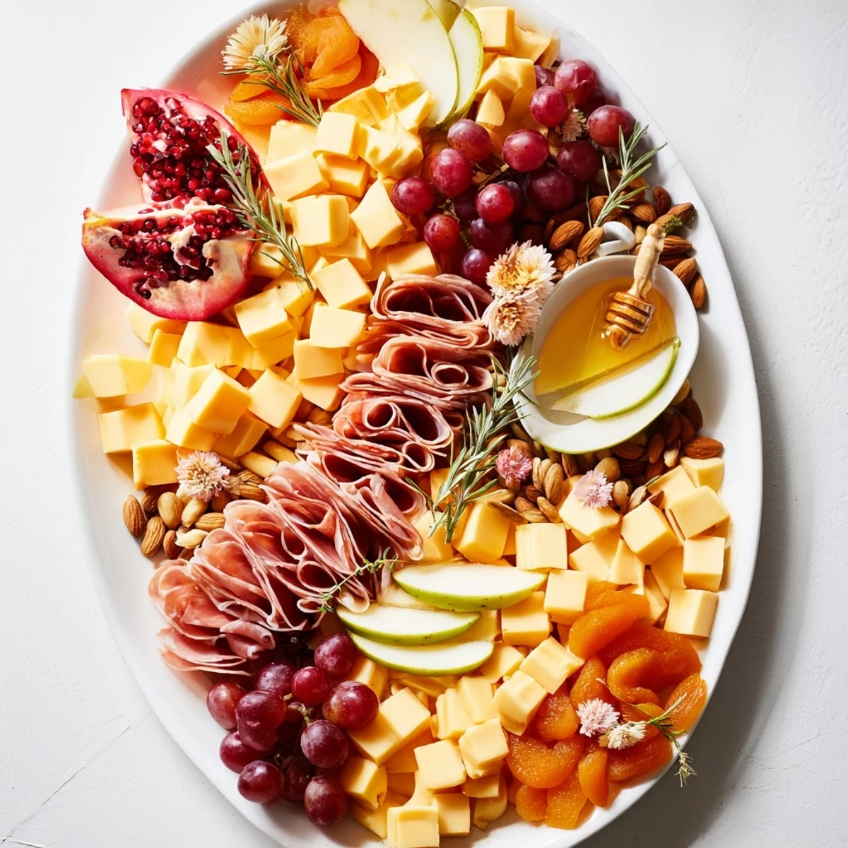 A close-up of a festive Holiday Bow Appetizer Platter, featuring delicious cheese, meats, and fresh treats.