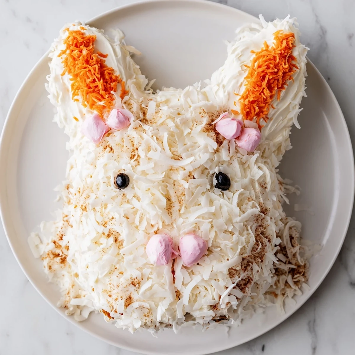 This spring bunny carrot cake is beautifully decorated with coconut fur and candy eyes, perfect for Easter.