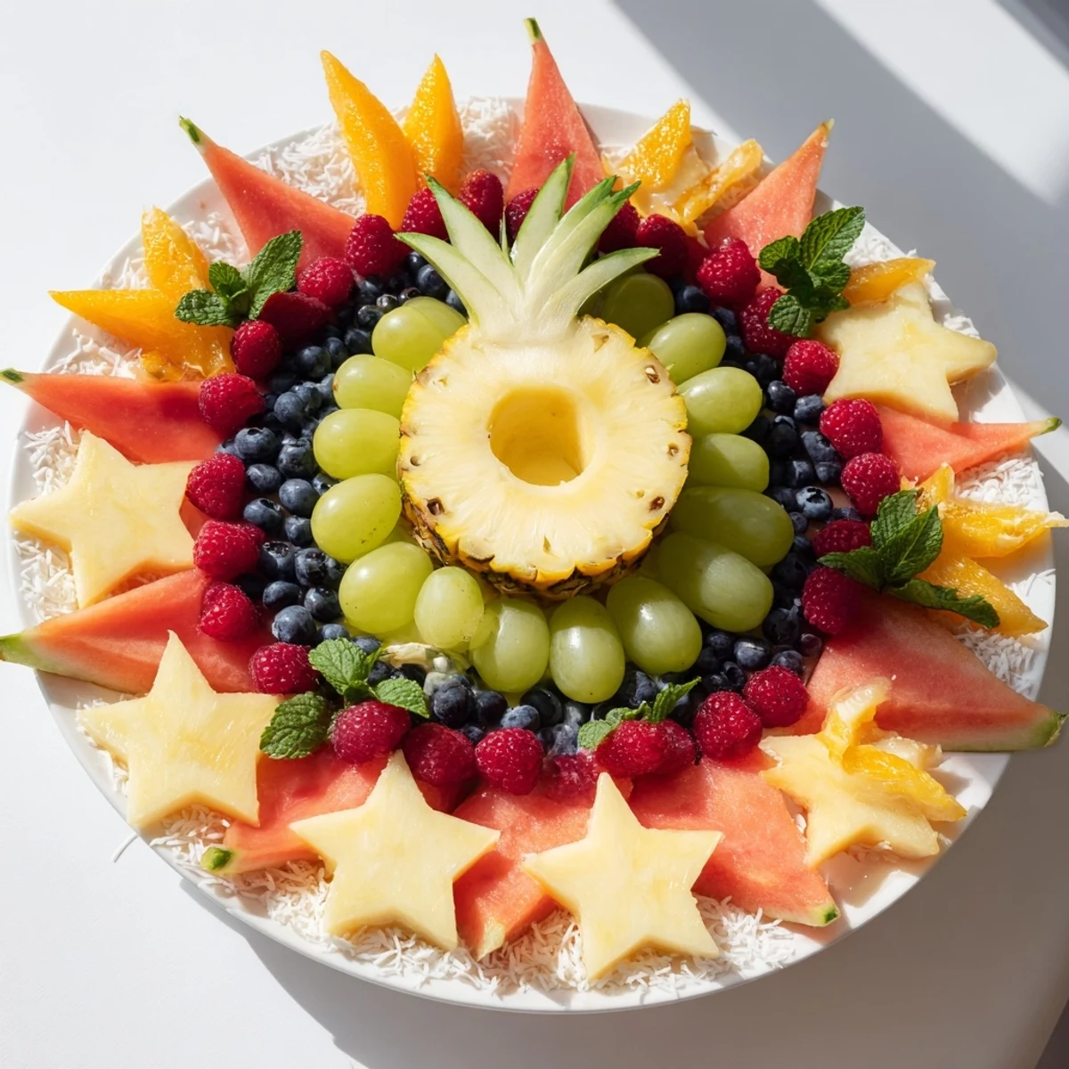 Vibrant Summer Rays Sun-Shaped Fruit Tray, featuring juicy pineapple and berries—perfect for a bright appetizer.