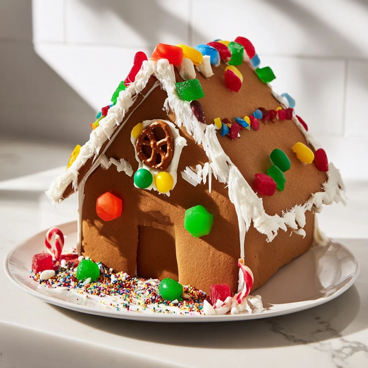 A beautifully decorated gingerbread house, ready to eat, part of the decorating kit.