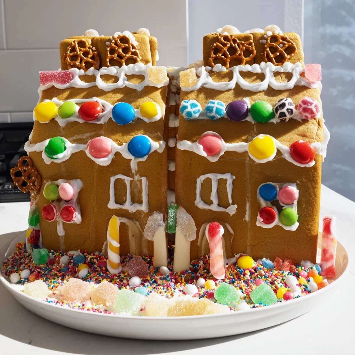 Homemade gingerbread panels await decorations, part of the exciting gingerbread house kit.