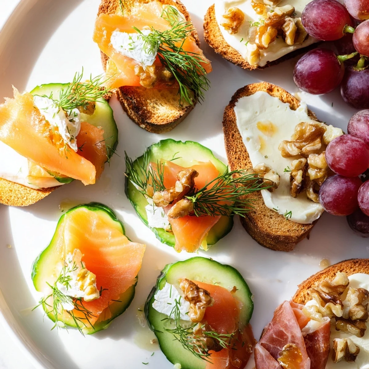 Festive Champagne pairings: A beautifully arranged platter with brie, grapes, and smoked salmon appetizers.