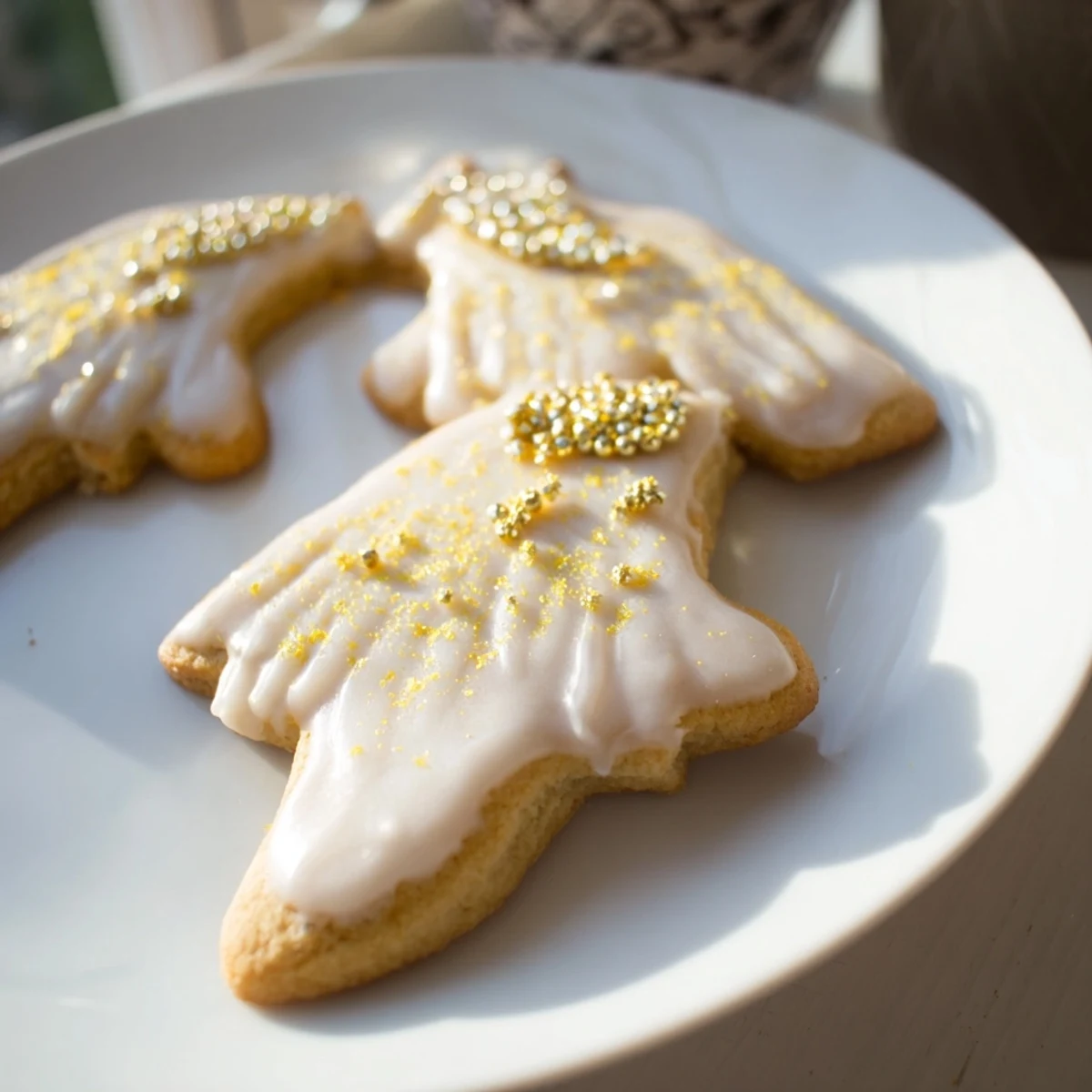 Golden Biscuits Anges de Noël, Christmas angel cookies, ready to be enjoyed with festive sprinkles and glaze.