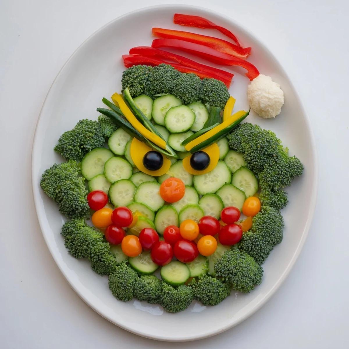 Grinch Face Veggie Platter featuring a colorful array of fresh vegetables perfect for a party snack.