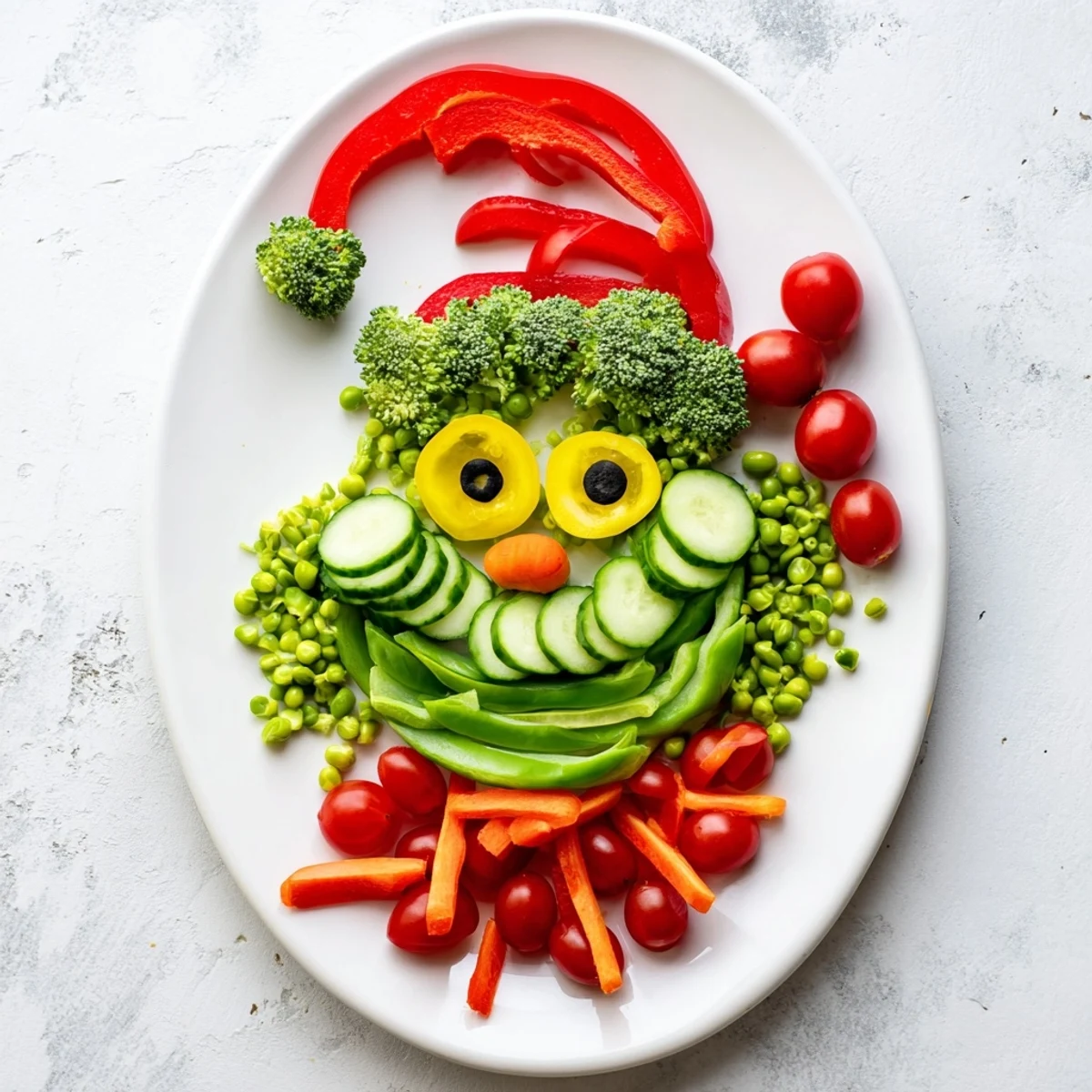 Savory Grinch Face Veggie Platter with fresh veggies, artfully arranged and ready to serve.