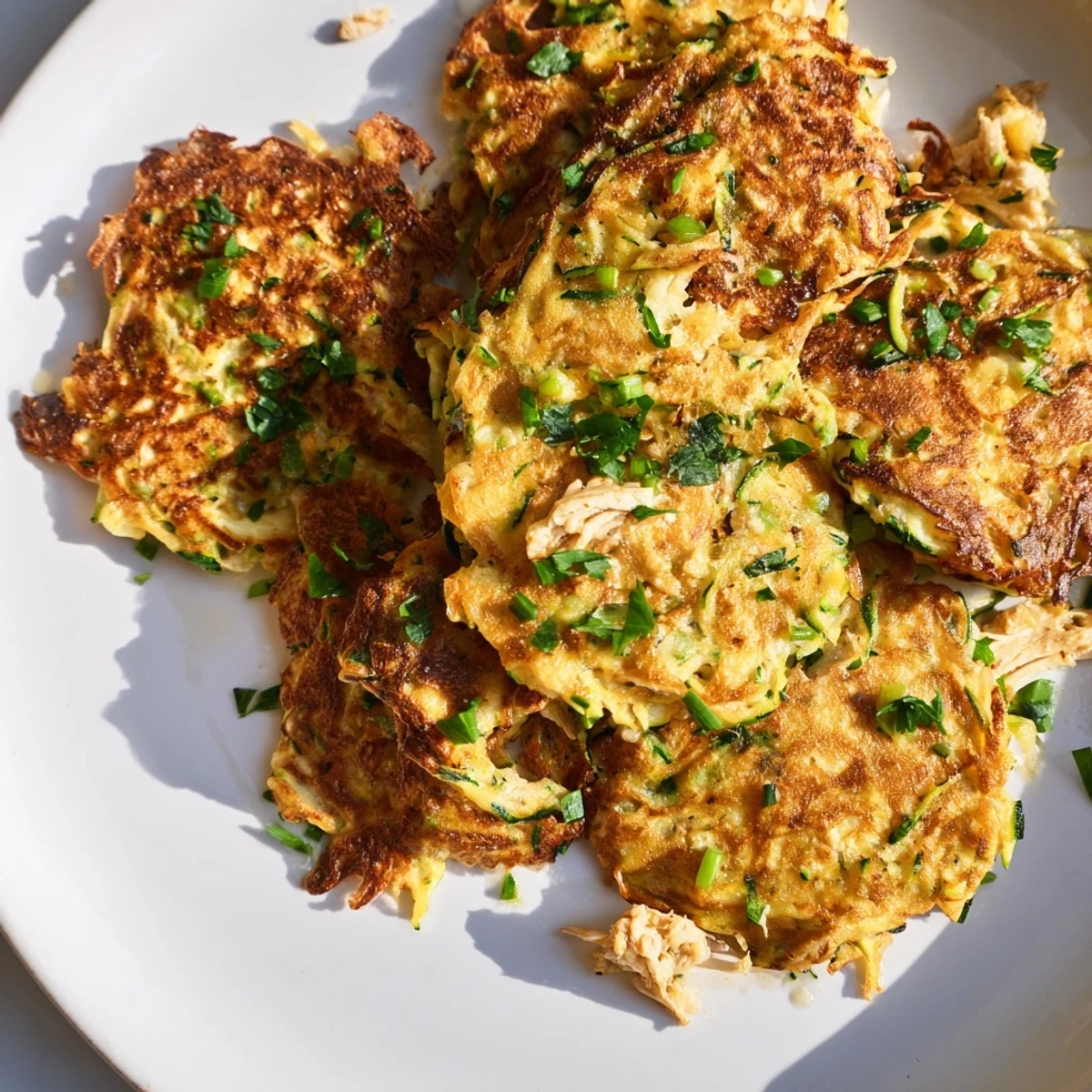 Savory High-Protein Chicken Zucchini Fritters with visible herbs, perfect for a flavorful, low-carb lunch.