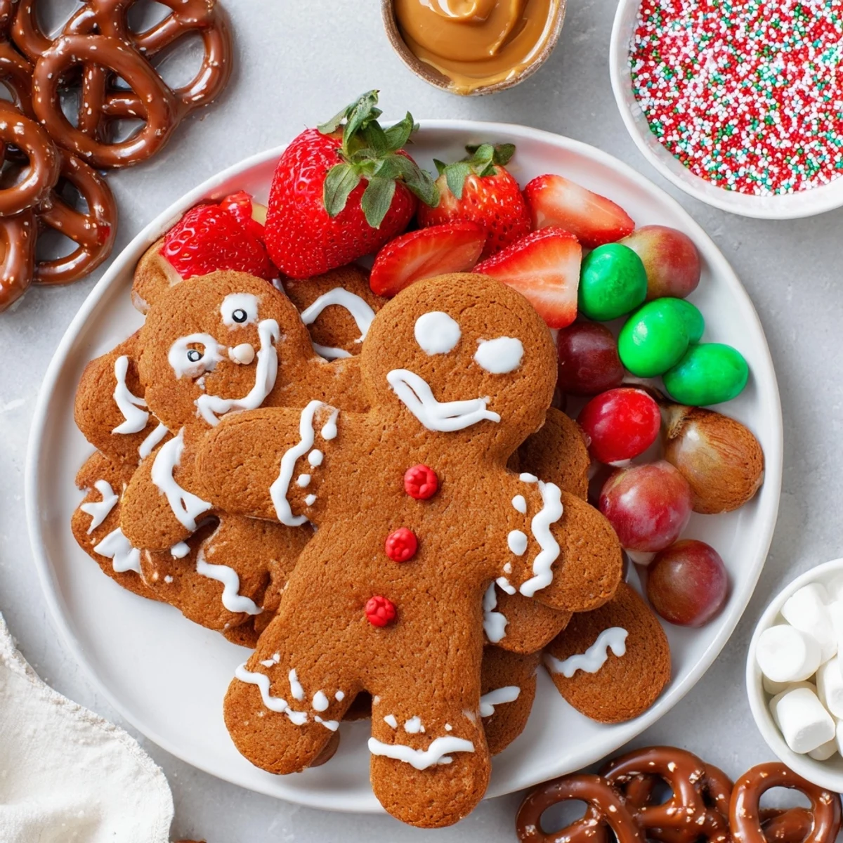 A festive gingerbread man cookie board filled with colorful candies and fresh holiday fruit.