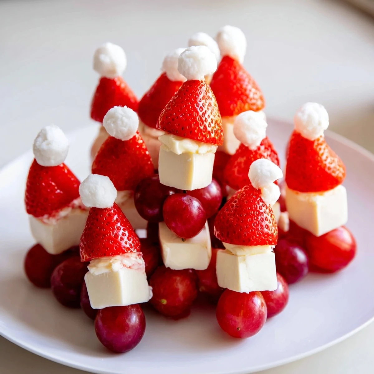 Festive Santa Hat Fruit and Cheese Platter: a vibrant image of strawberries, cheese, grapes, and mint arranged.