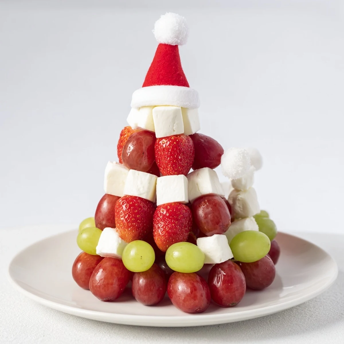 Close-up of a Santa Hat Fruit and Cheese Platter: showcasing the creamy mozzarella with the red grapes.