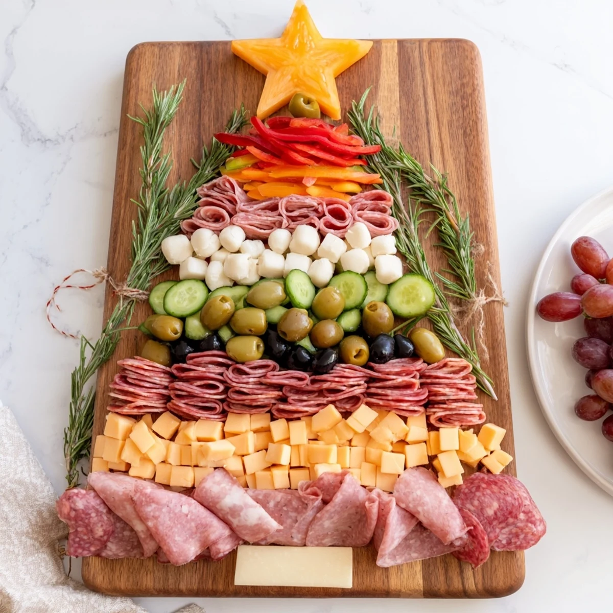 Festive Christmas Tree Charcuterie Board brimming with meats, cheeses, fruits, and crackers perfect to share.