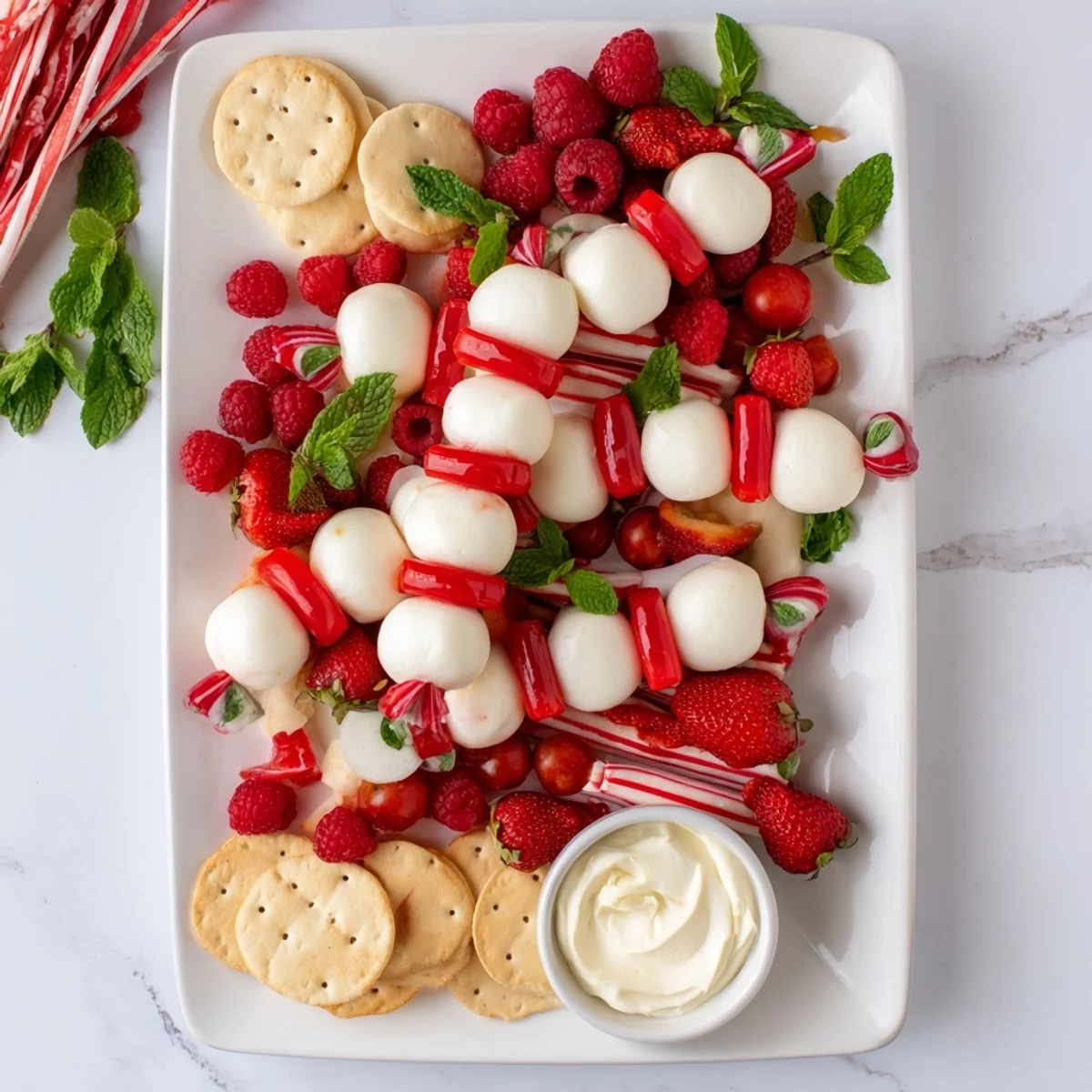 This Festive Red and White Candy Cane Snack Board, with bright red berries, is perfect for a festive party.