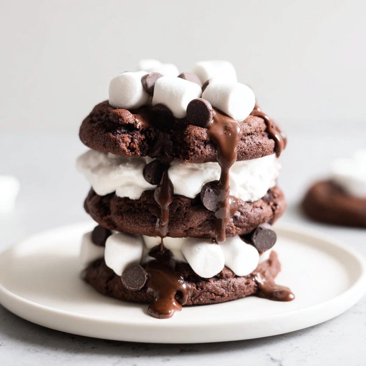A stack of delicious Hot Cocoa Mug Cookies, frosted with fluffy marshmallow for dessert.