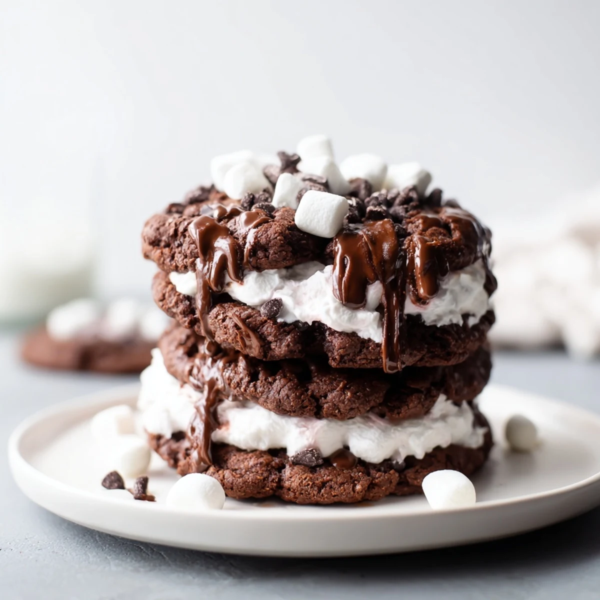 Festive Hot Cocoa Mug Cookies: A stack of three chocolate cookies, topped with creamy frosting.