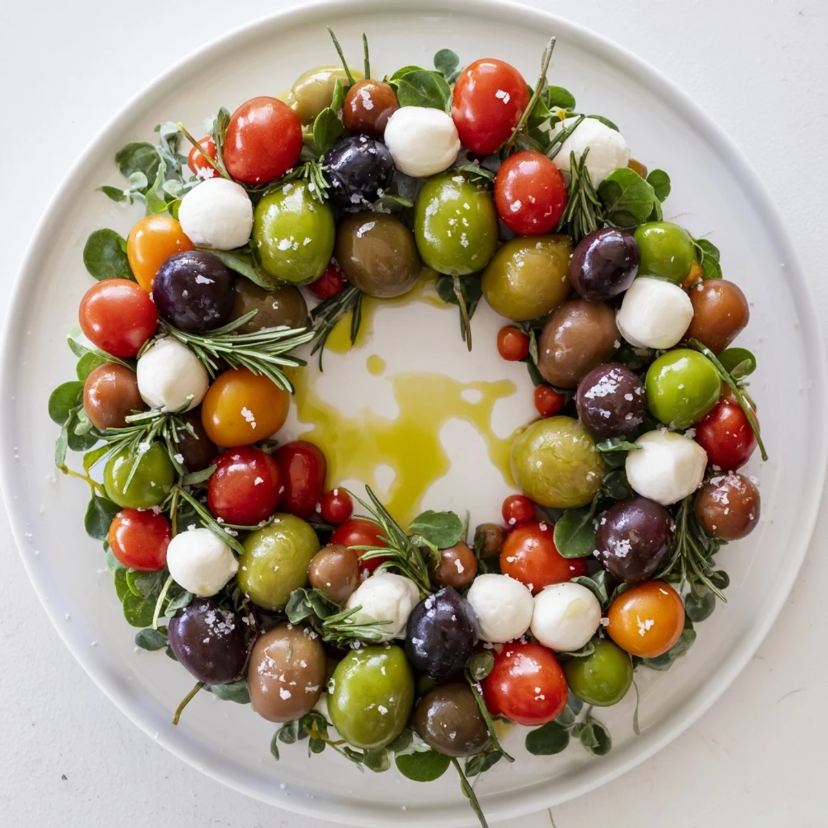 Vibrant Appetizer Wreath featuring juicy cherry tomatoes and olives arranged elegantly on a platter.