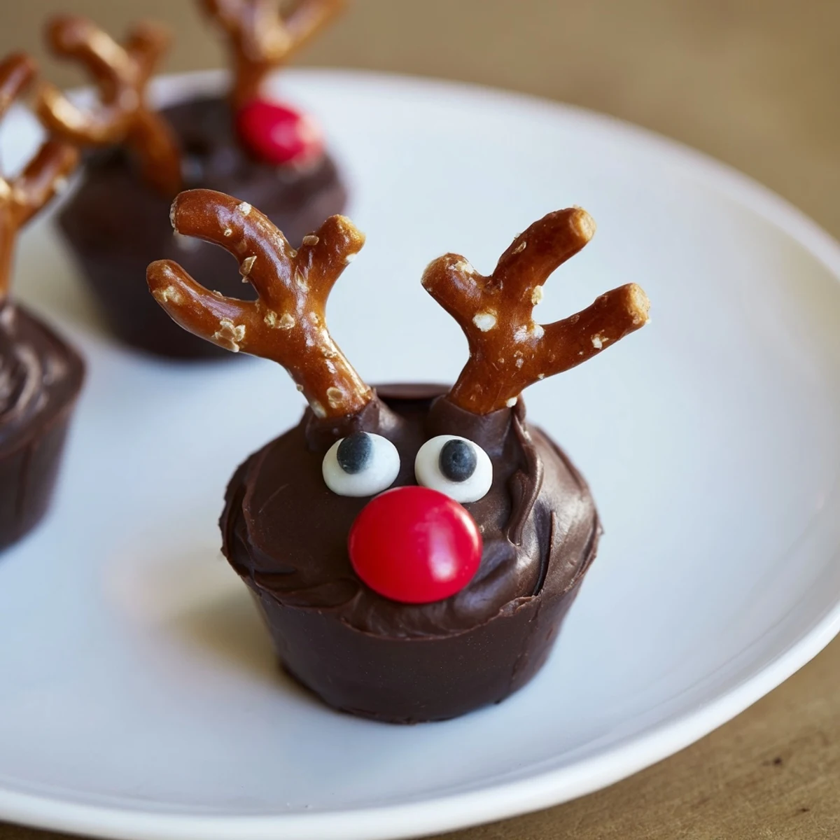 Chocolate reindeer pudding cups surrounded by treats: a fun and easy holiday dessert board to create.