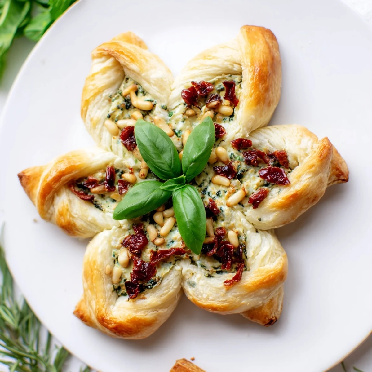 Golden puff pastry Poinsettia appetizer, filled with creamy herbs and tomatoes, ready for serving.