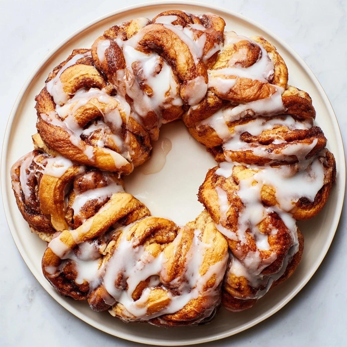 Warm, fluffy cinnamon roll pull-apart wreath, glazed and perfect for a shared brunch.