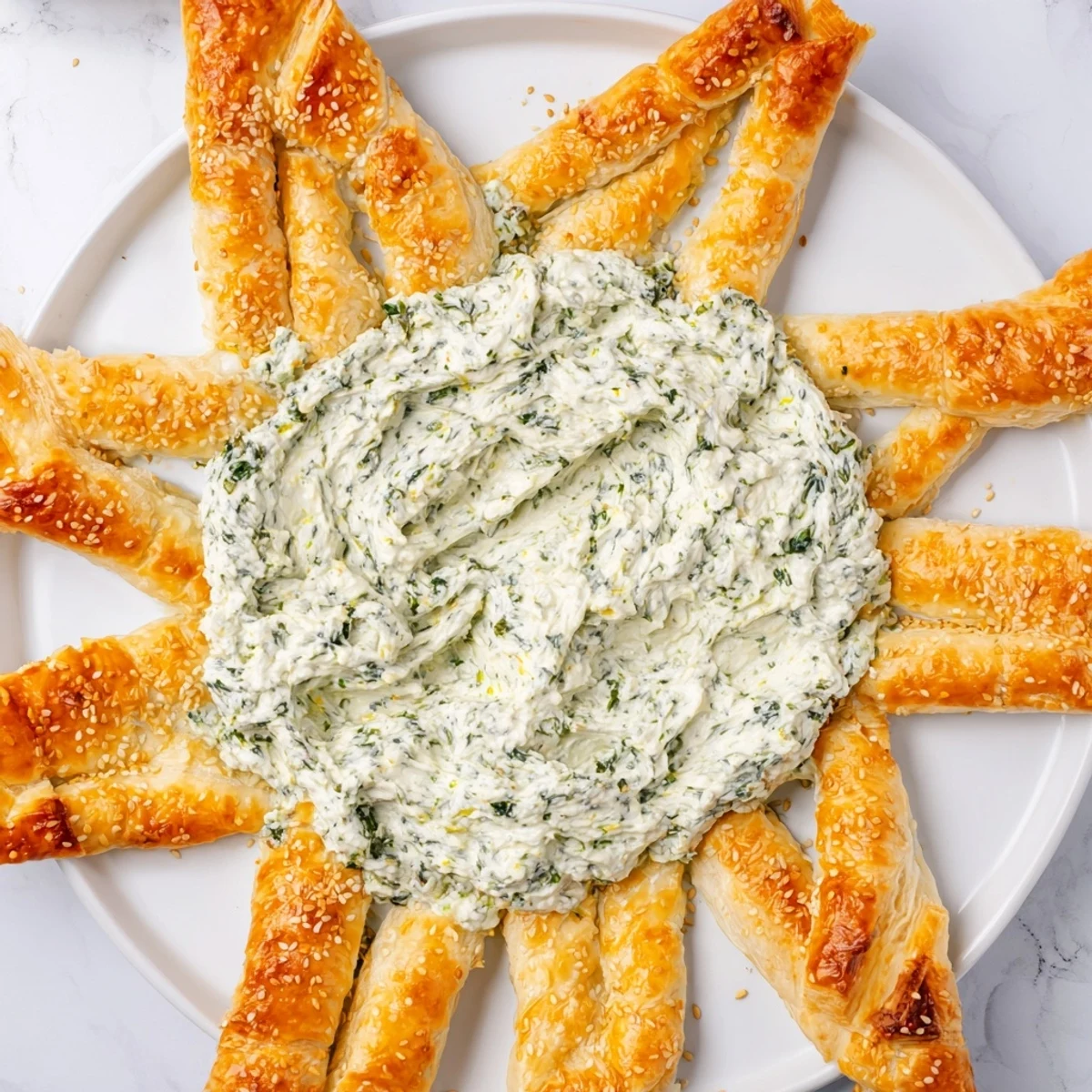 Golden, crisp edges surround a creamy pesto star-shaped dip, perfect for a party appetizer.