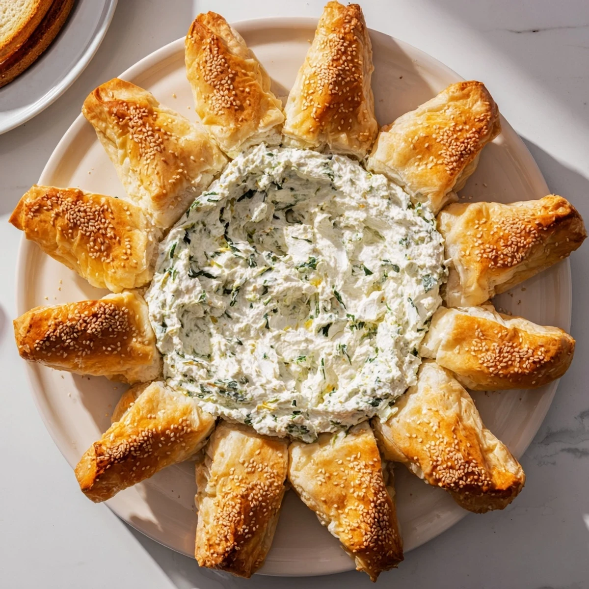 Close-up of the vibrant, flavorful star-shaped pesto dip, served with crunchy pastry crackers.