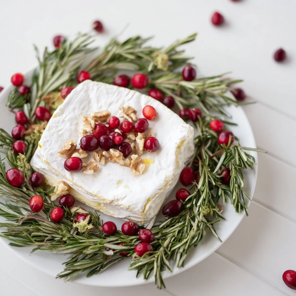 Creamy Brie Cheese Wheel with Rosemary Wreath, ready to serve with crackers, is visually appealing.