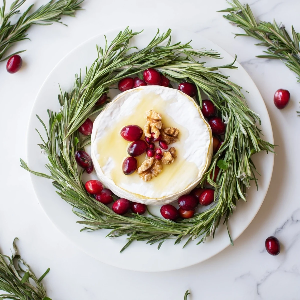 Festive Brie Cheese Wheel decorated with rosemary, cranberries, and nuts, perfect for holidays.