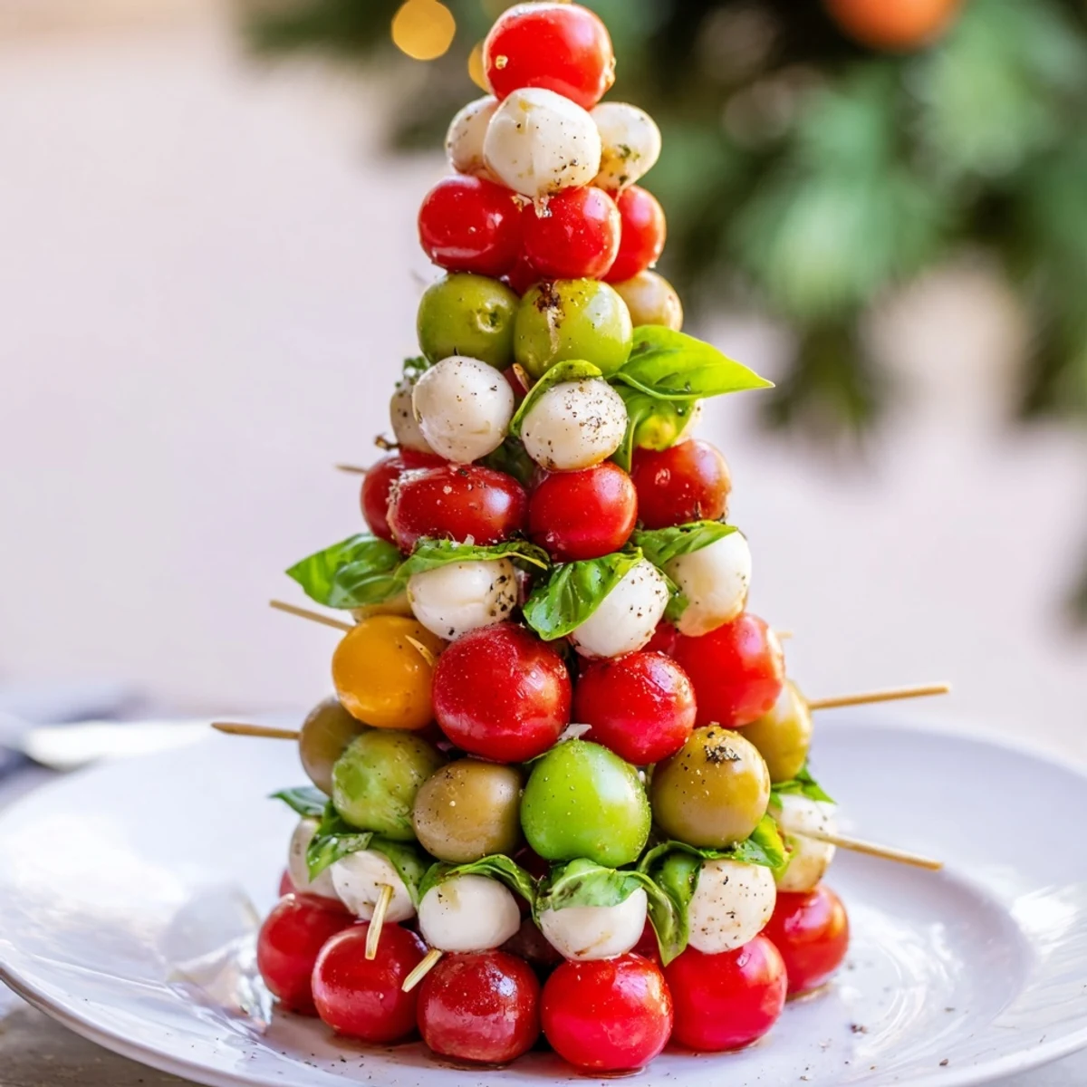 Vibrant Red and Green Caprese Skewer Tree appetizer, ready for a holiday spread and easy to eat.